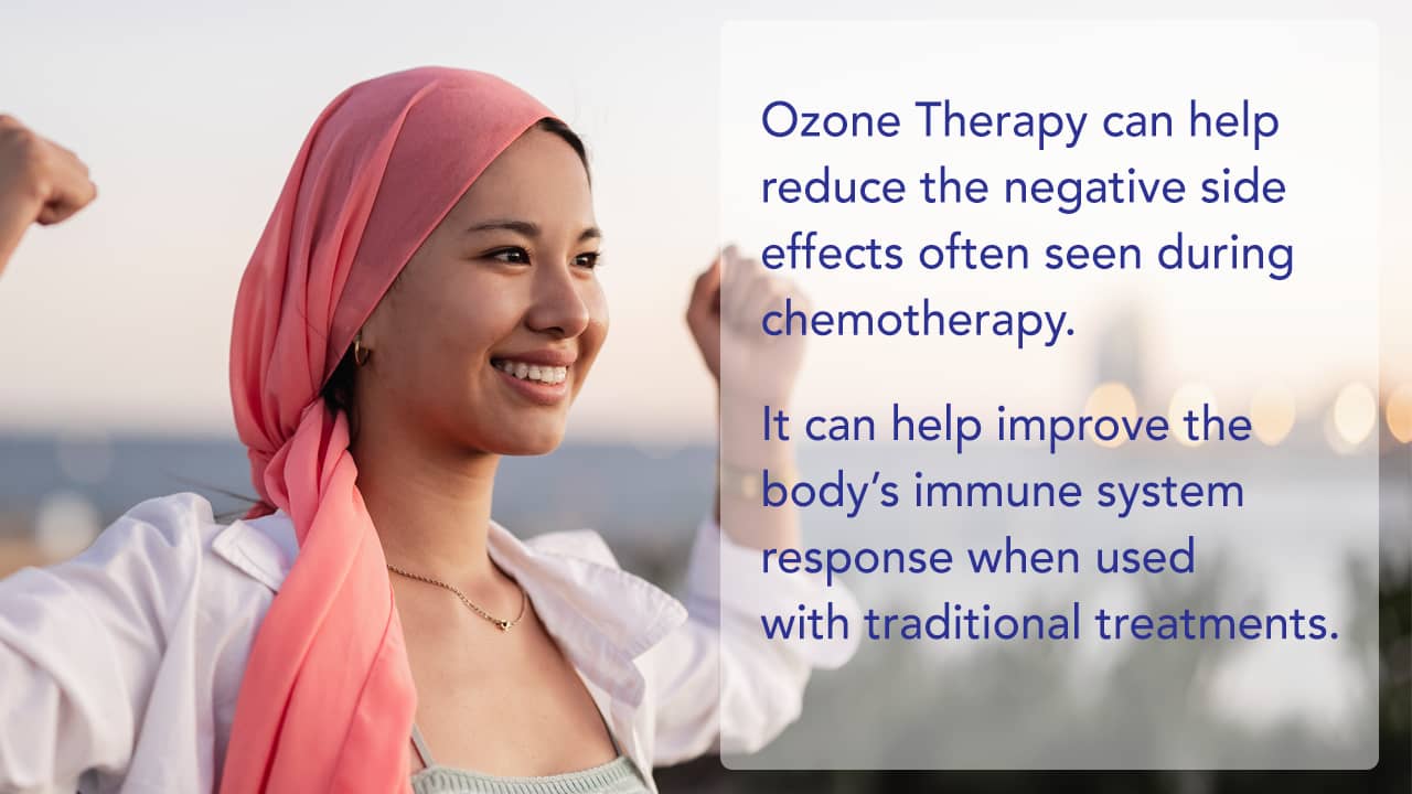 Ozone therapy can help fight cancer more effectively. Breast cancer survivor holding up arms in triumph, image.