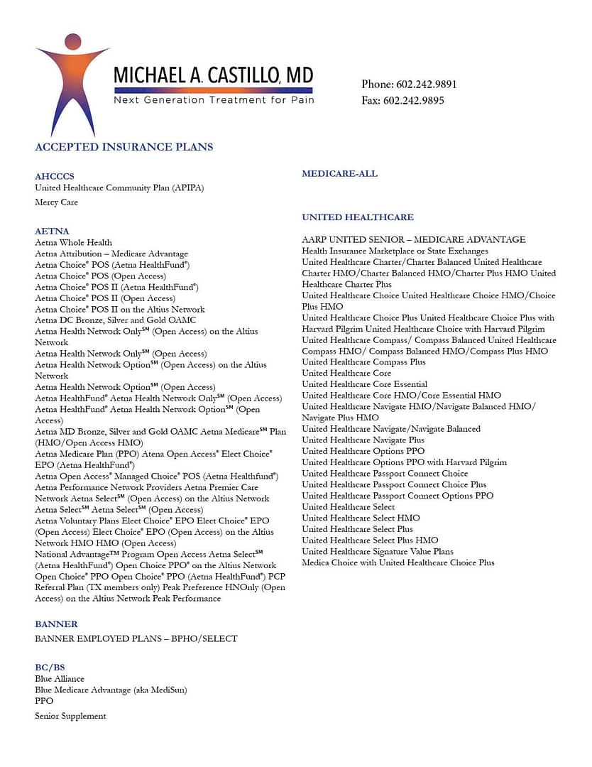 list of Dr. Michael A Castillo's accepted insurances, image